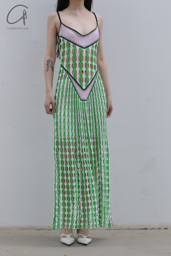 NAN KNITS Two-tone eyelet suspender long skirt with inner layer NAN-22051651-LV Green